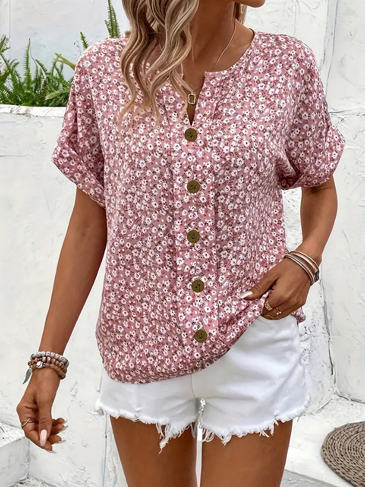 Amira | Airy Blouse with Floral Pattern & Wooden Button Details