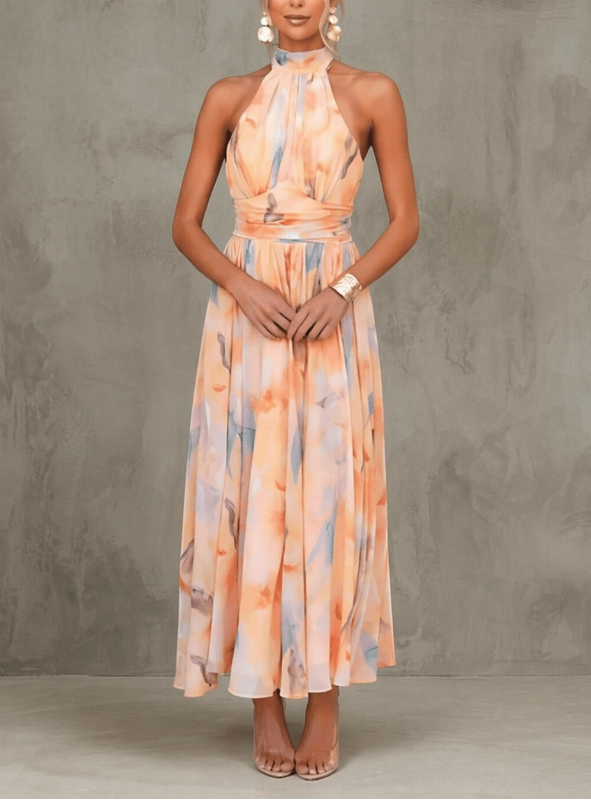 Esther | Dress with Watercolour Print and Halter Neckline