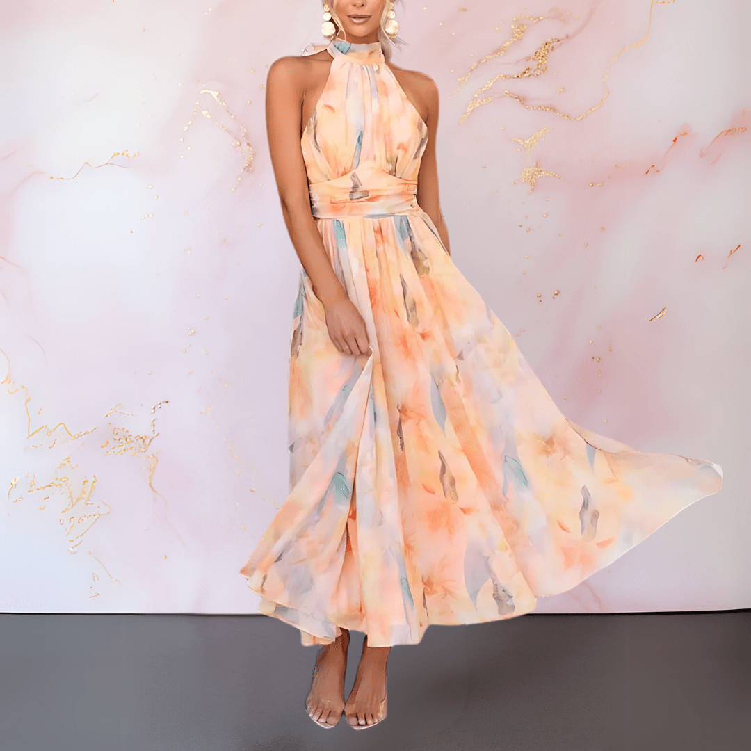 Esther | Dress with Watercolour Print and Halter Neckline