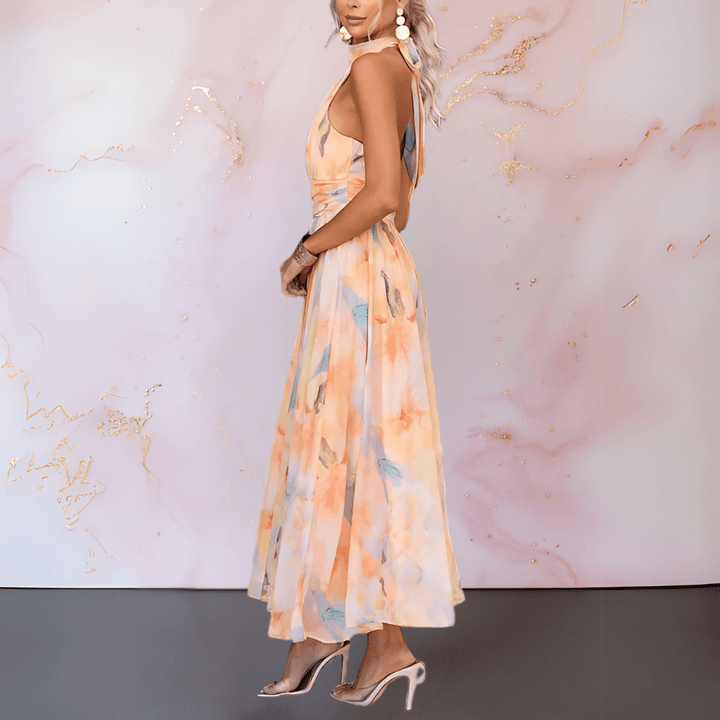 Esther | Dress with Watercolour Print and Halter Neckline